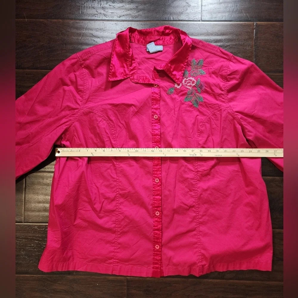 Liz & Me Womens Magenta Embroidered Collared Button Up Blouse - Picture 3 of 11